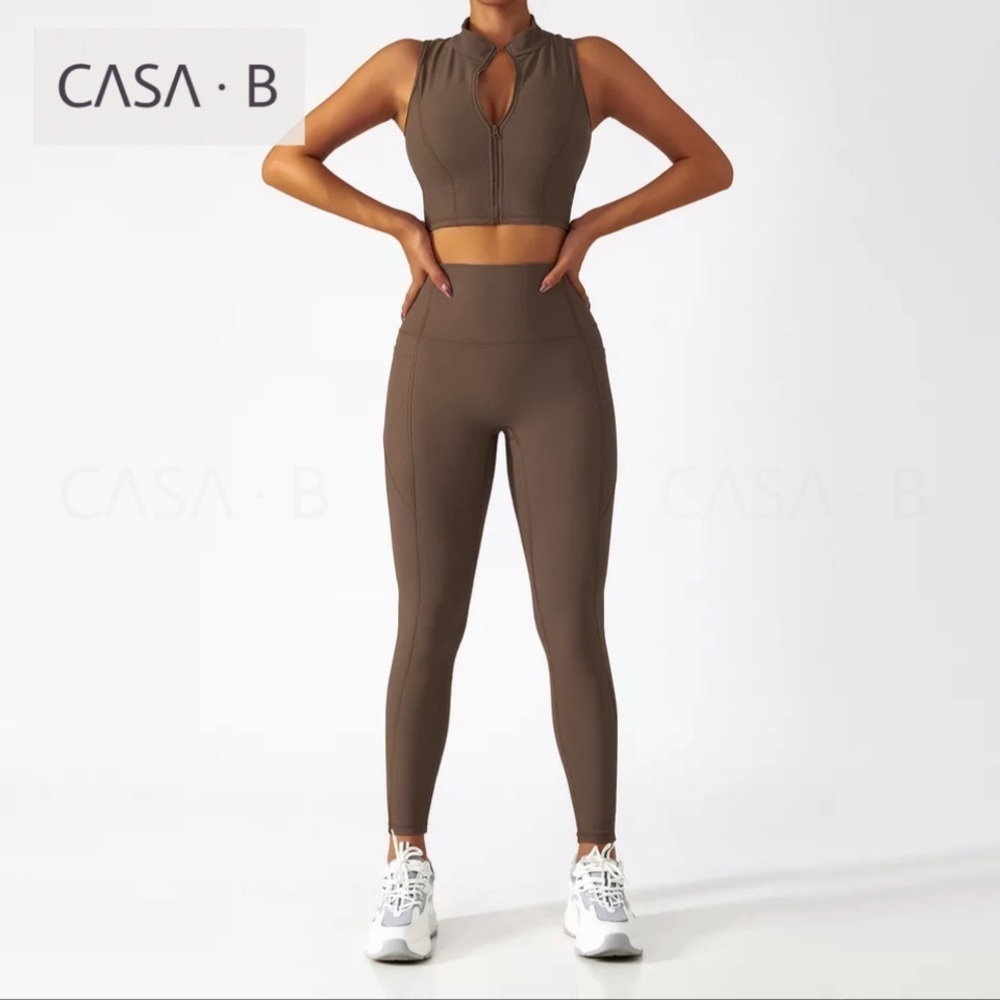 NEW to CASA B FITNESS | Brinley Front Zip Active Fitness Set in Chocolate Brown